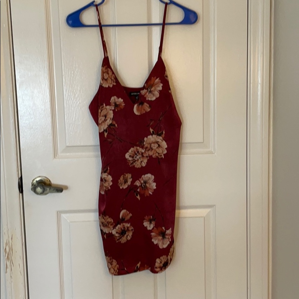 Small maroon, floral, satin mini dress